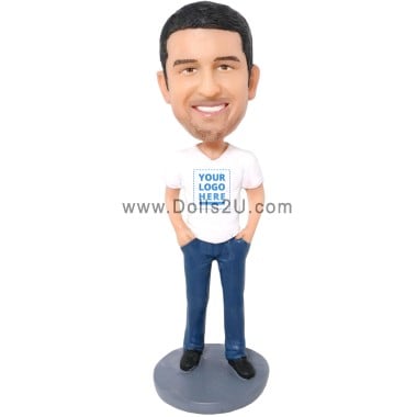  Custom Male In T-shirt And Jeans With Hands In Pockets Bobblehead Item:52229